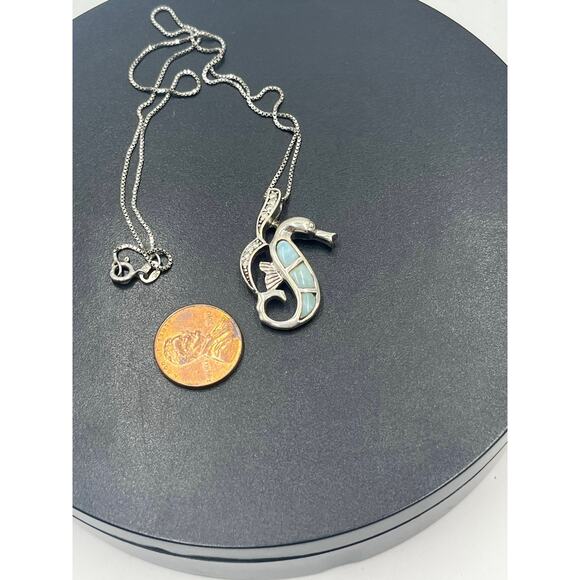 Blue Larimar and CZ Sterling Silver Seahorse Sea Life Caribbean Blue Necklace - Picture 6 of 12